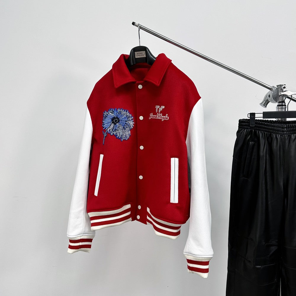 TrendMaybe &quot;all-round&quot; LOGO embroidered baseball jacket waisted flight suit wool and cowhide jacket