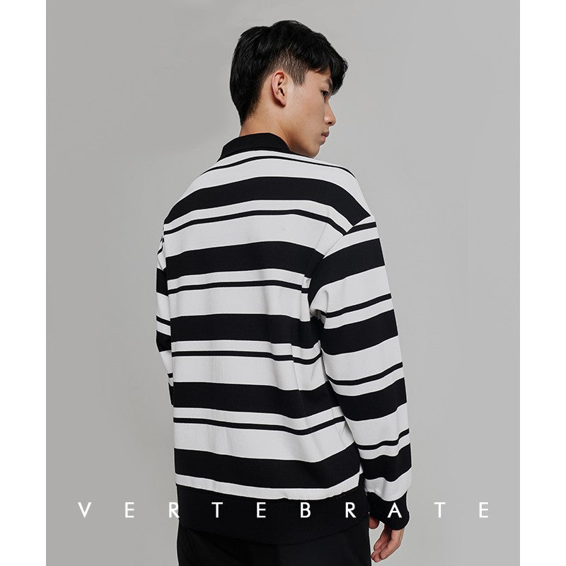 Vertebrate men's black and white green and white campus CITYBOY loose style autumn Korean striped long sleeve POLO