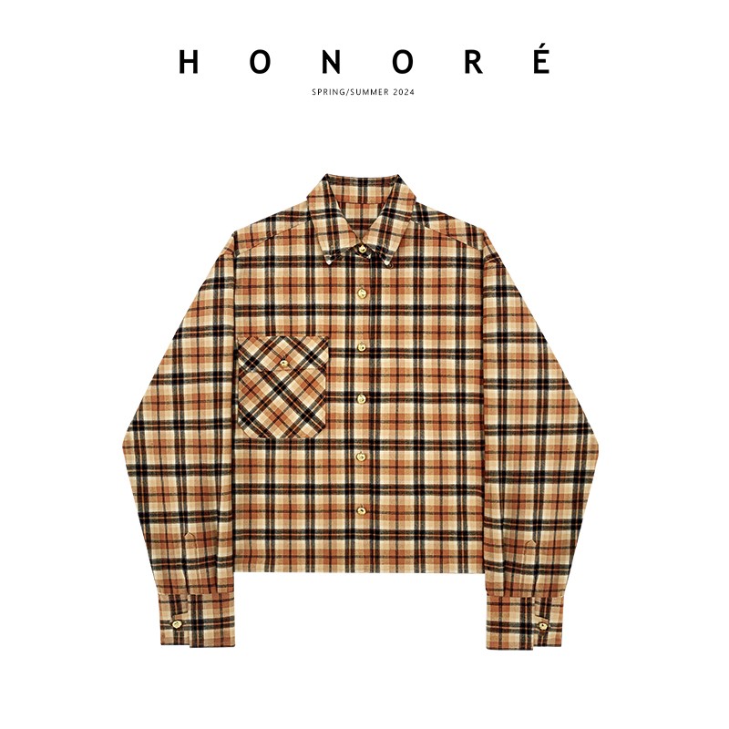 HONORE Gu Yue modern style original logo solid gold button British style brushed plaid shirt top