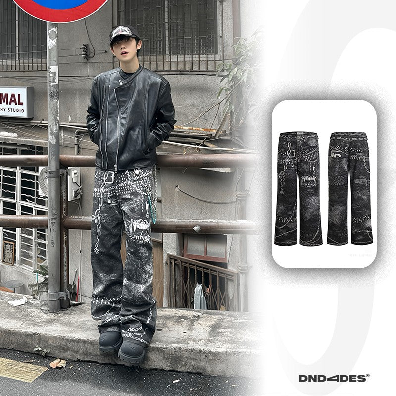 DND4DES digital printing BORO heavy industry destruction jewelry chain loose straight denim trousers Yu Yan same style