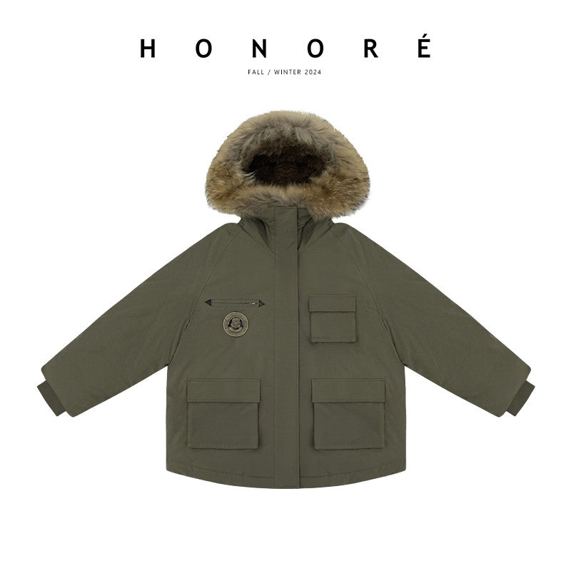 HONORE Guyue original heavy-duty three-dimensional bronze parka with large fur collar 95% safe workwear warm down jacket