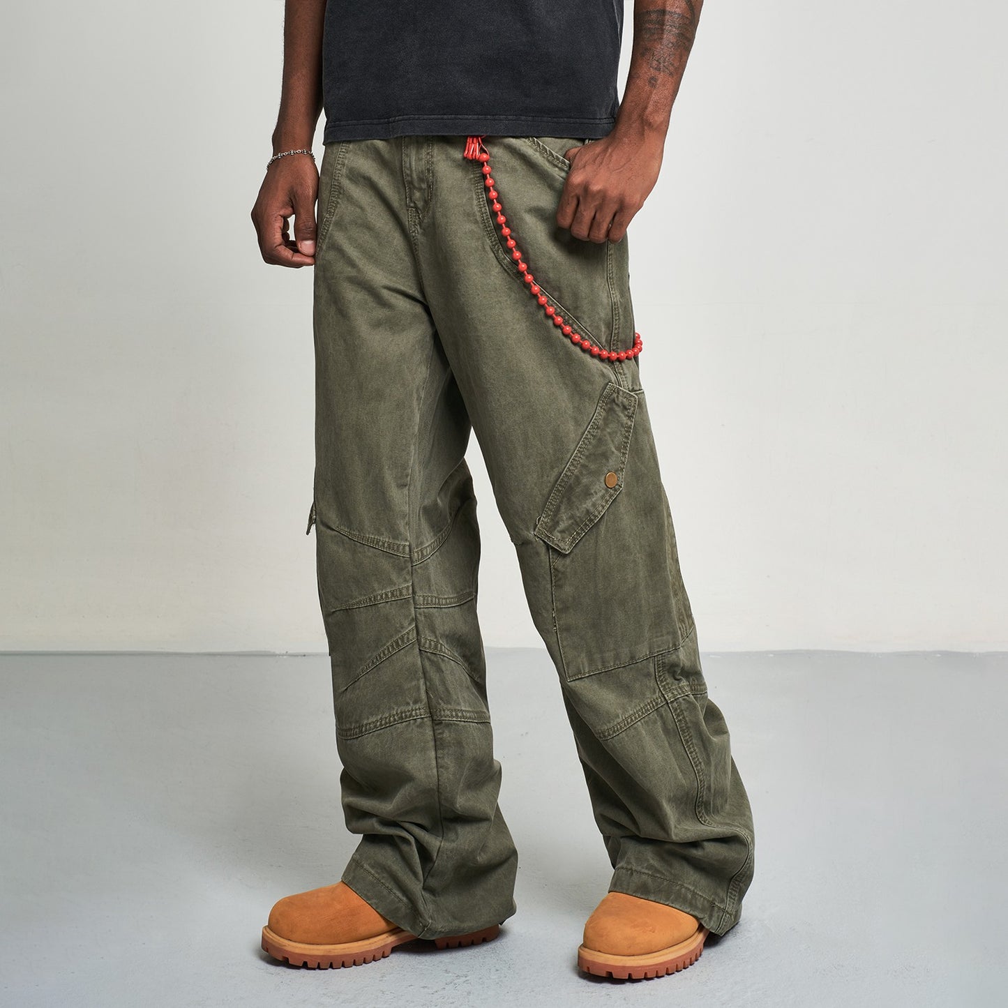 MT99 high street wide-leg pants paratrooper canvas retro style street American military green silhouette straight overalls men