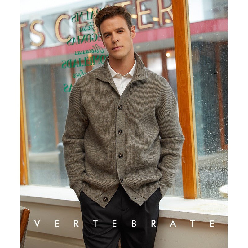 Vertebrate Men's Autumn and Winter Blended Lapel Sweater European and American Loose Retro Cardigan American Casual Jacket