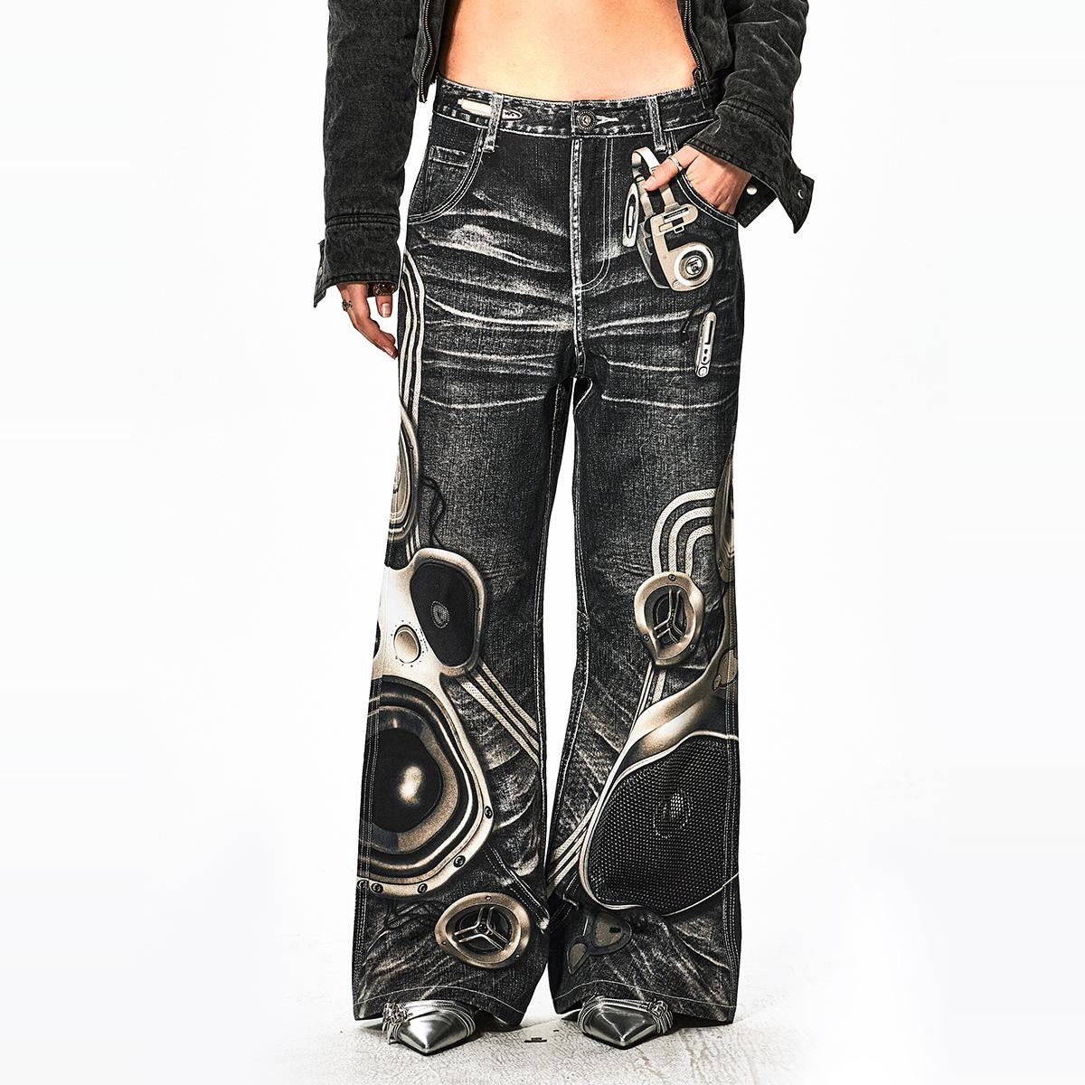 DND4DES &quot;Sound Pants&quot; original niche design printed electronic flared straight pants, the same style as Li Gengyun