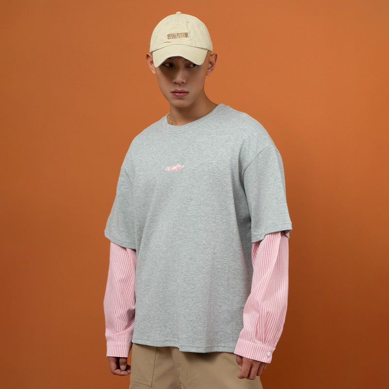 CLP gray fake two-piece pink striped long-sleeved T-shirt sweatshirt men and women loose layered round neck casual top trend