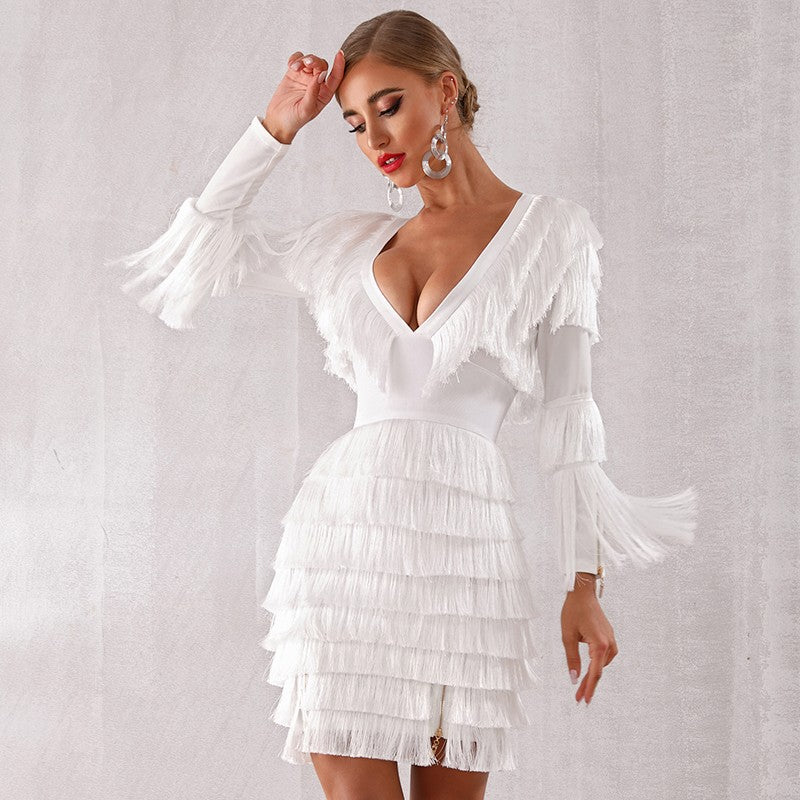 09 autumn new European and American style white tassel long sleeve sexy birthday cocktail dress bandage dress female