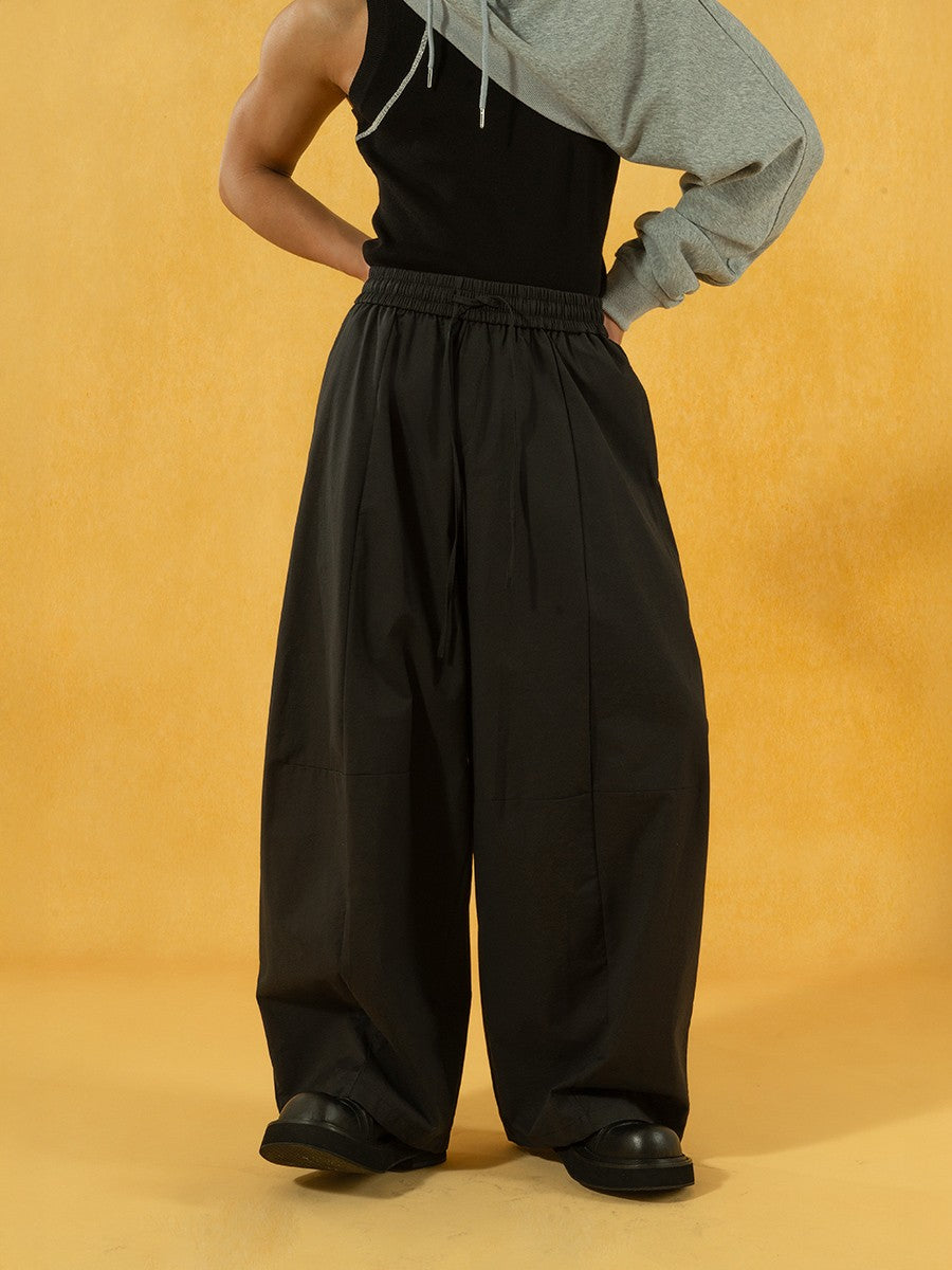 CLP Khaki Black Elastic Waist Wide Leg Drawstring Casual Pants Pleated Loose Straight Drape Trendy Trousers