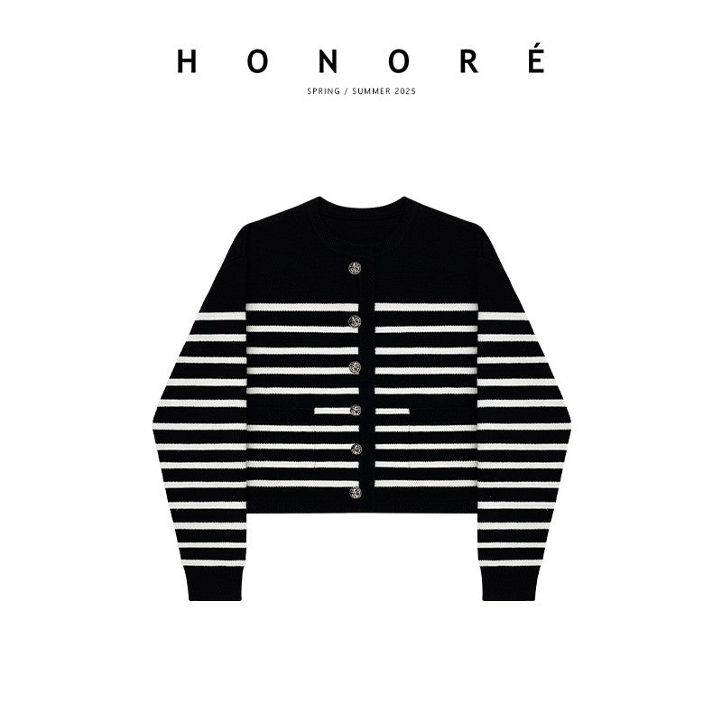 HONORE Ancient Moon Stripe Law Sheep Wool Striped Knitted Jacket + Vest Set