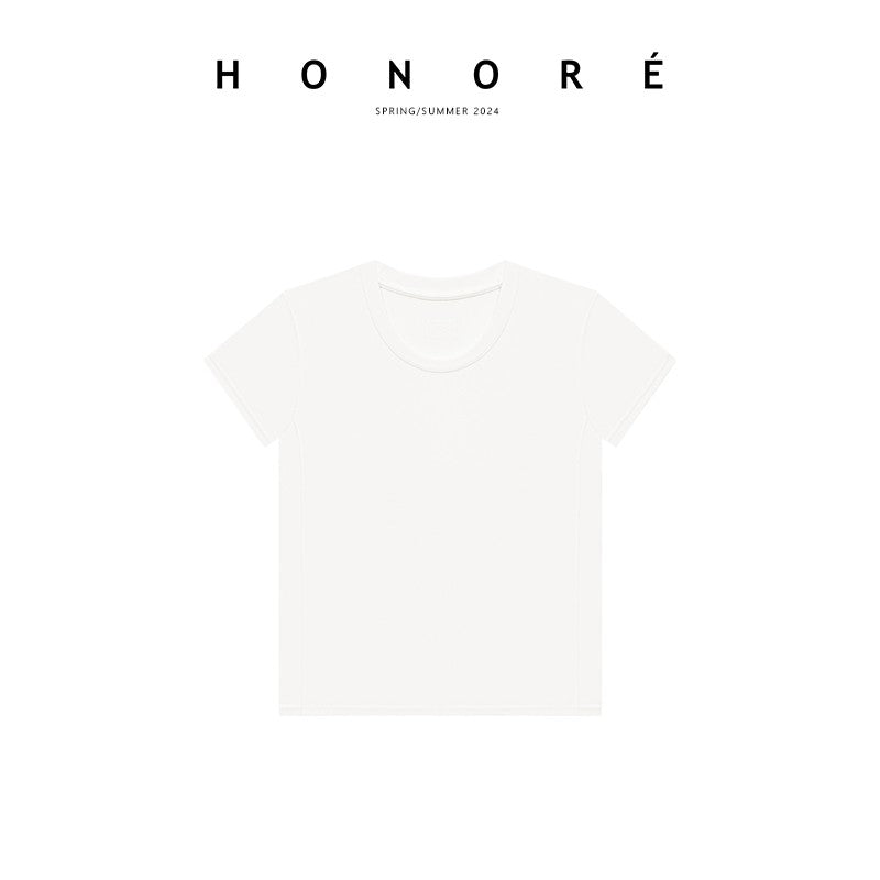 HONORE Gu Yue T King.0 Daily Basic Loose Casual Versatile Small U Round Neck Right Angle Shoulder Short Sleeve T