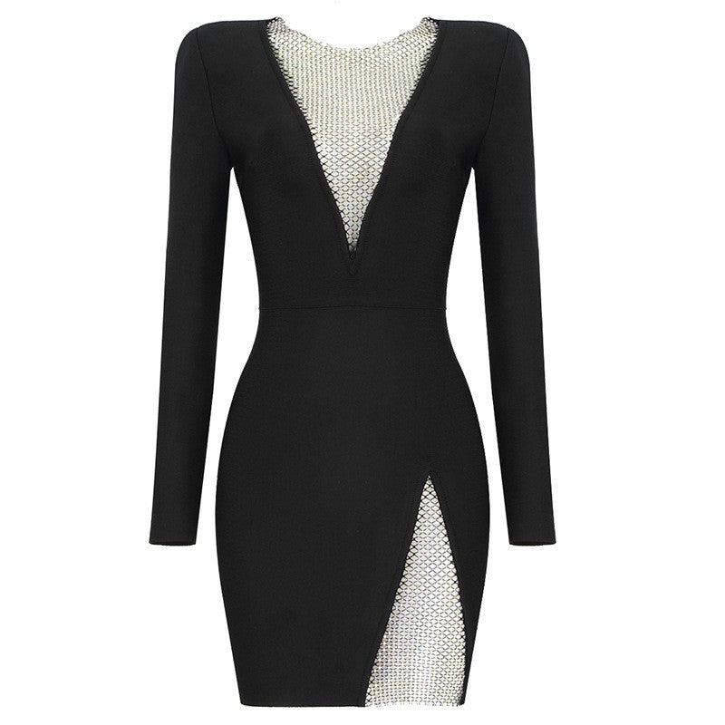 Niche deep V-neck long-sleeved sexy bandage dress Bandage Dress Nightclub toast star evening dress