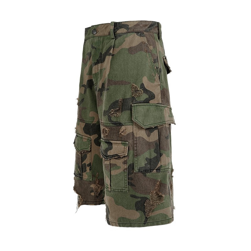 ANTIDOTE destroyed camouflage stone washed old cropped trousers American ripped overalls loose wide-leg shorts