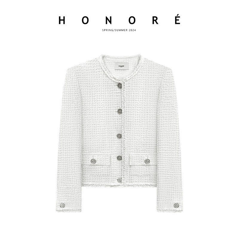 HONORE Gu Yue 24SS Spring High Luxury Solid Coin Button Heavy Weaving Textured Chanel Jacket