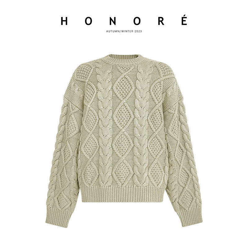 HONORE Gu Yue Free full score lazy G heavy wool cable sweater coarse knitted autumn and winter pullover knitting