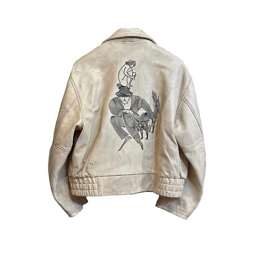 TrendMaybe&quot;ARCANE&quot; high-grade fetal cowhide jacket ink-splashed distressed embroidery genuine leather jacket trendy coat