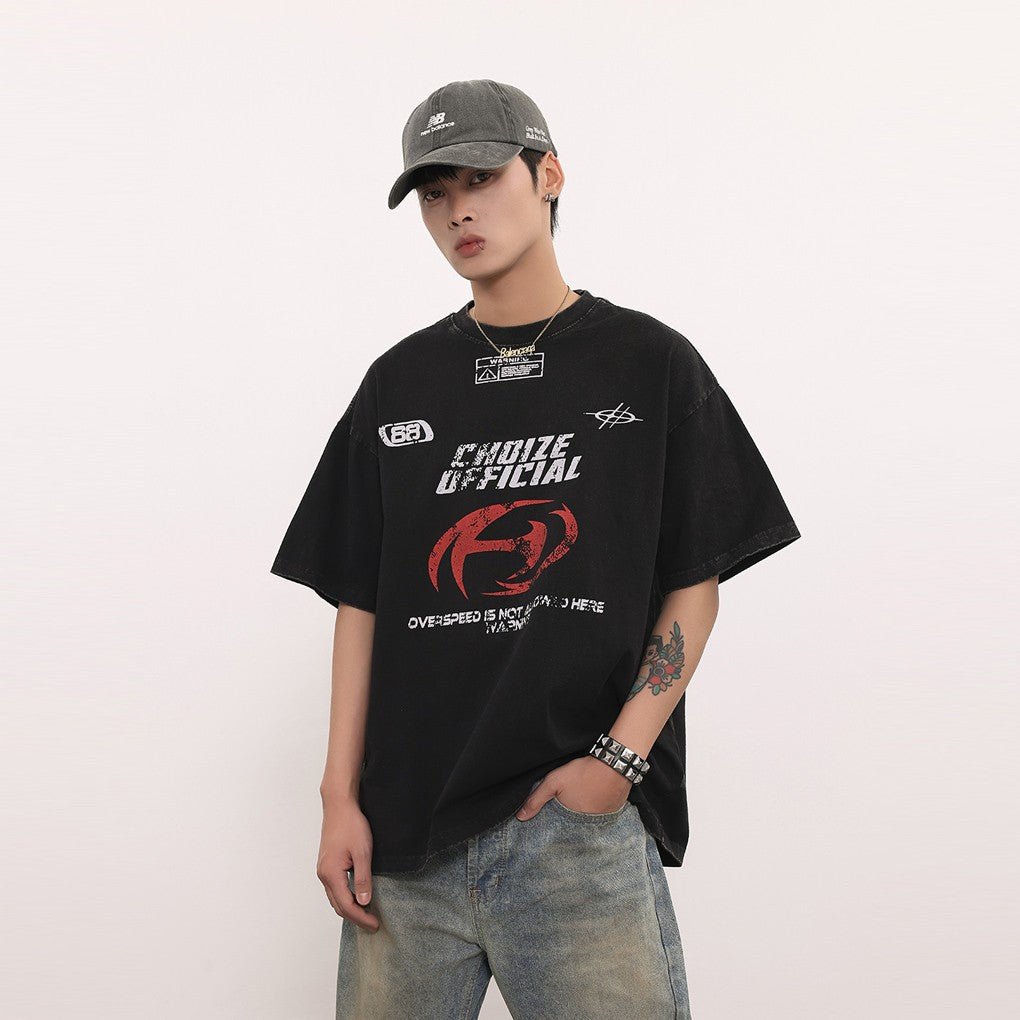 BTSG*American retro washed old motorcycle short-sleeved T-shirt street hip-hop Cleanfit summer half-sleeved top