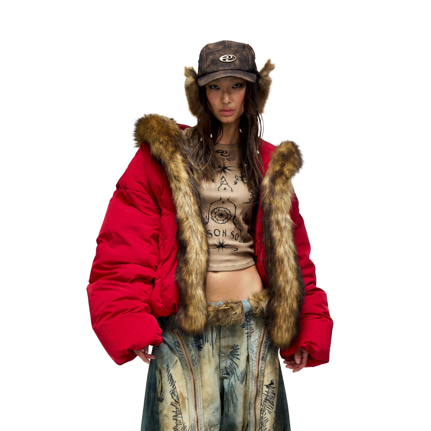 PERSONSOUL* Totem symbol embroidery fur collar hooded red down jacket Red Dowm Coat