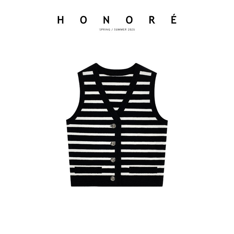 HONORE Ancient Moon Stripe Law Sheep Wool Striped Knitted Jacket + Vest Set