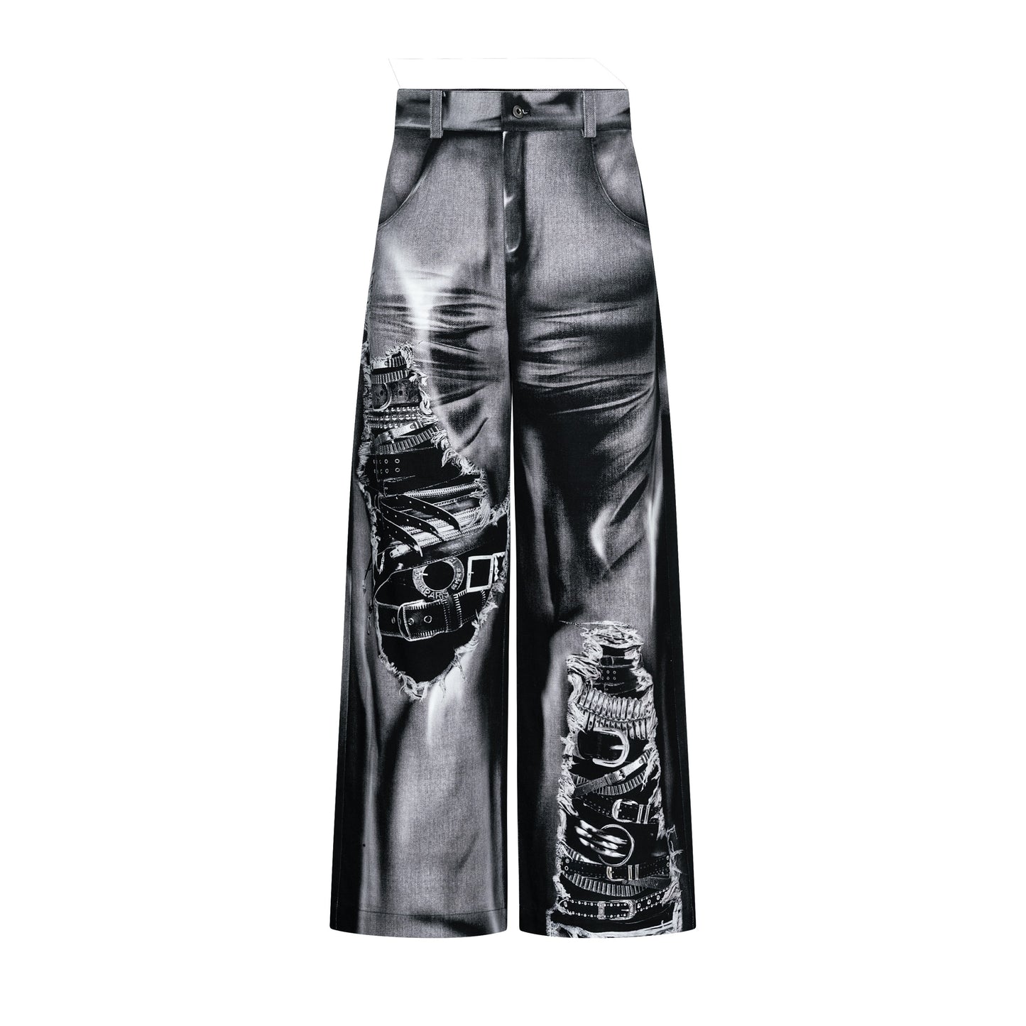 TIWILLTANG Qi Shi Lu &quot;Xie Huan Yan Yu&quot; original belt print trousers black denim wide-leg pants men