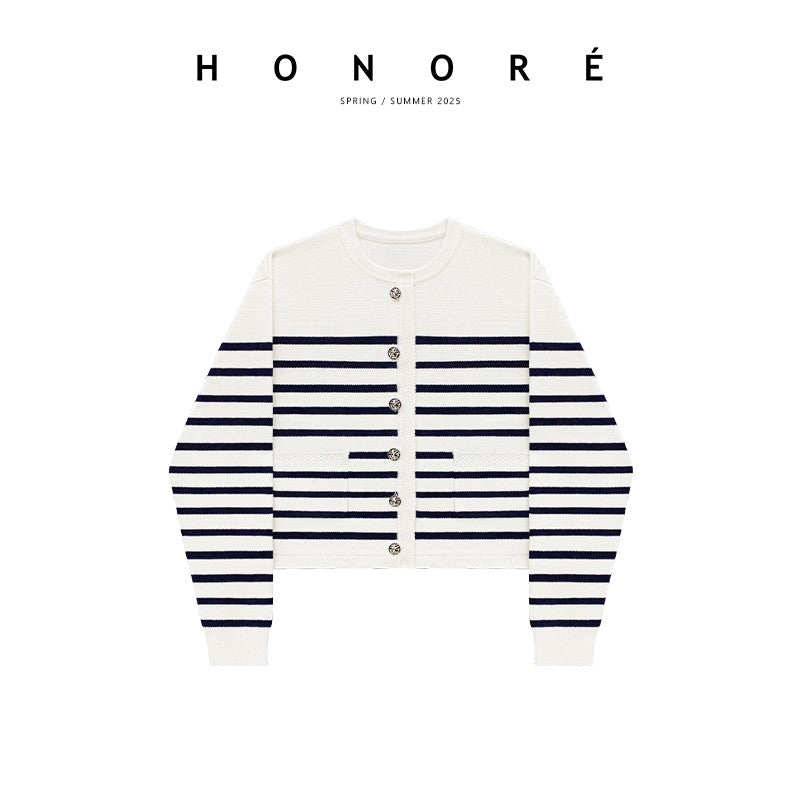 HONORE Ancient Moon Stripe Law Sheep Wool Striped Knitted Jacket + Vest Set