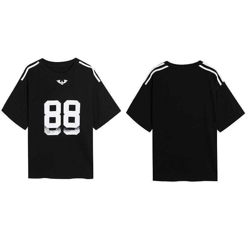 DND4DES American street hip-hop striped stitching 60g heavy 88 printed short-sleeved T-shirt football shirt multi-color