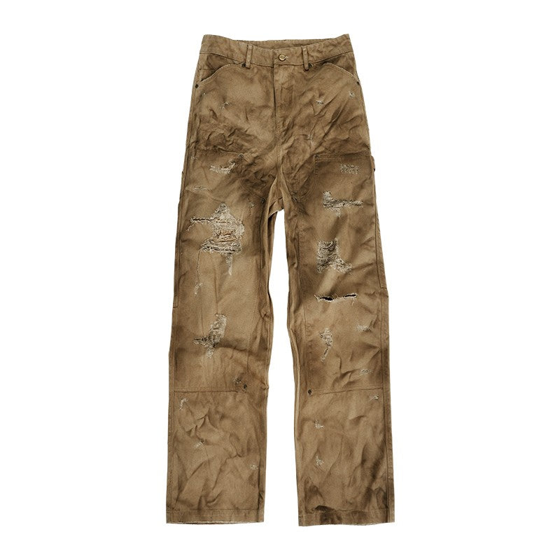 ANTIDOTE American Khaki Wasteland Logging Pants Men's Spray-Dirty Hole Overalls Riveted Stitching Wide-Leg Pants