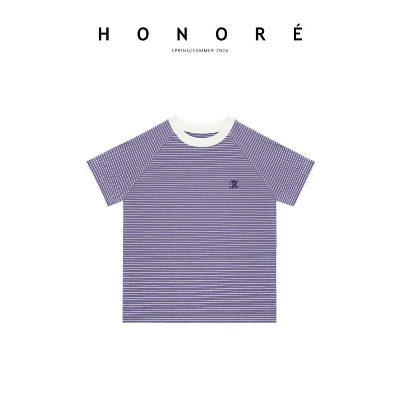 HONORE Gu Yue Light Oxygen Mood Tencel Fashion Slim Fit Top Color Block Round Neck Striped Small Flying Sleeve T