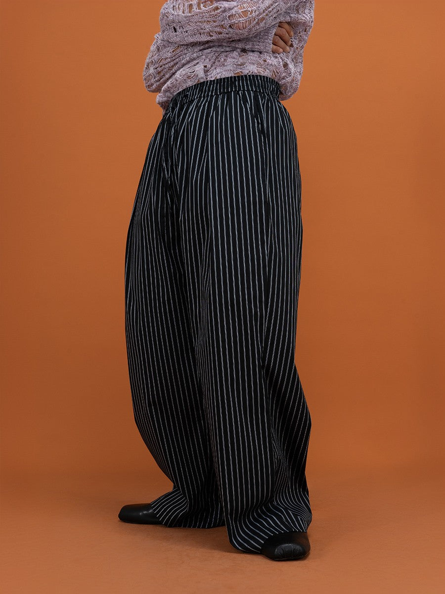 CLP blue and black striped elastic waist drawstring casual pants loose wide-leg straight trousers trendy retro miu pajamas