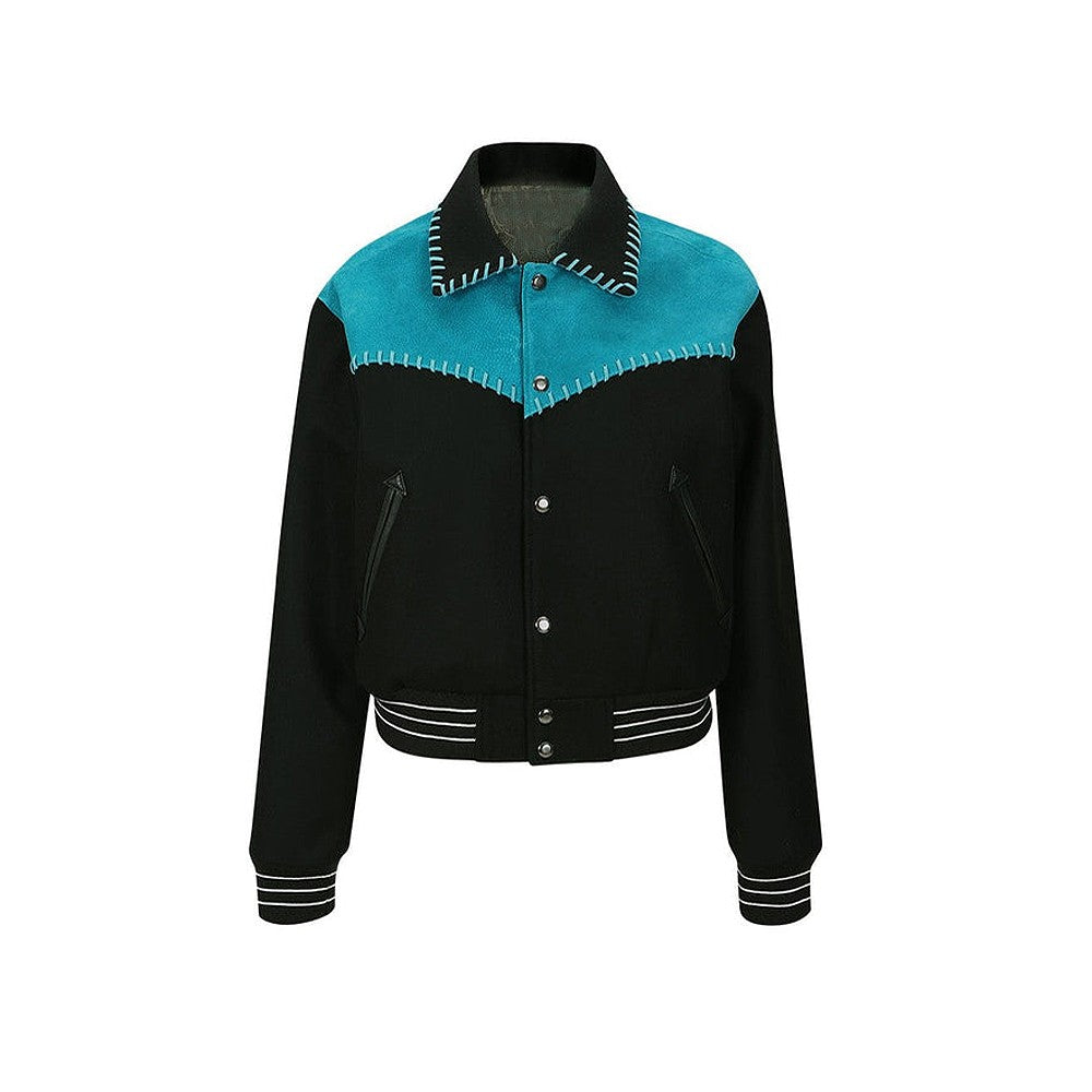 TrendMaybe &quot;all-rounder&quot; two-tone bomber jacket sheepskin stitching cashmere baseball jacket leather jacket short coat