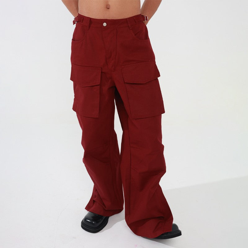 CLP red multi-pocket waist buckle trouser leg zipper slit overalls casual pants men's loose straight wide-leg flared