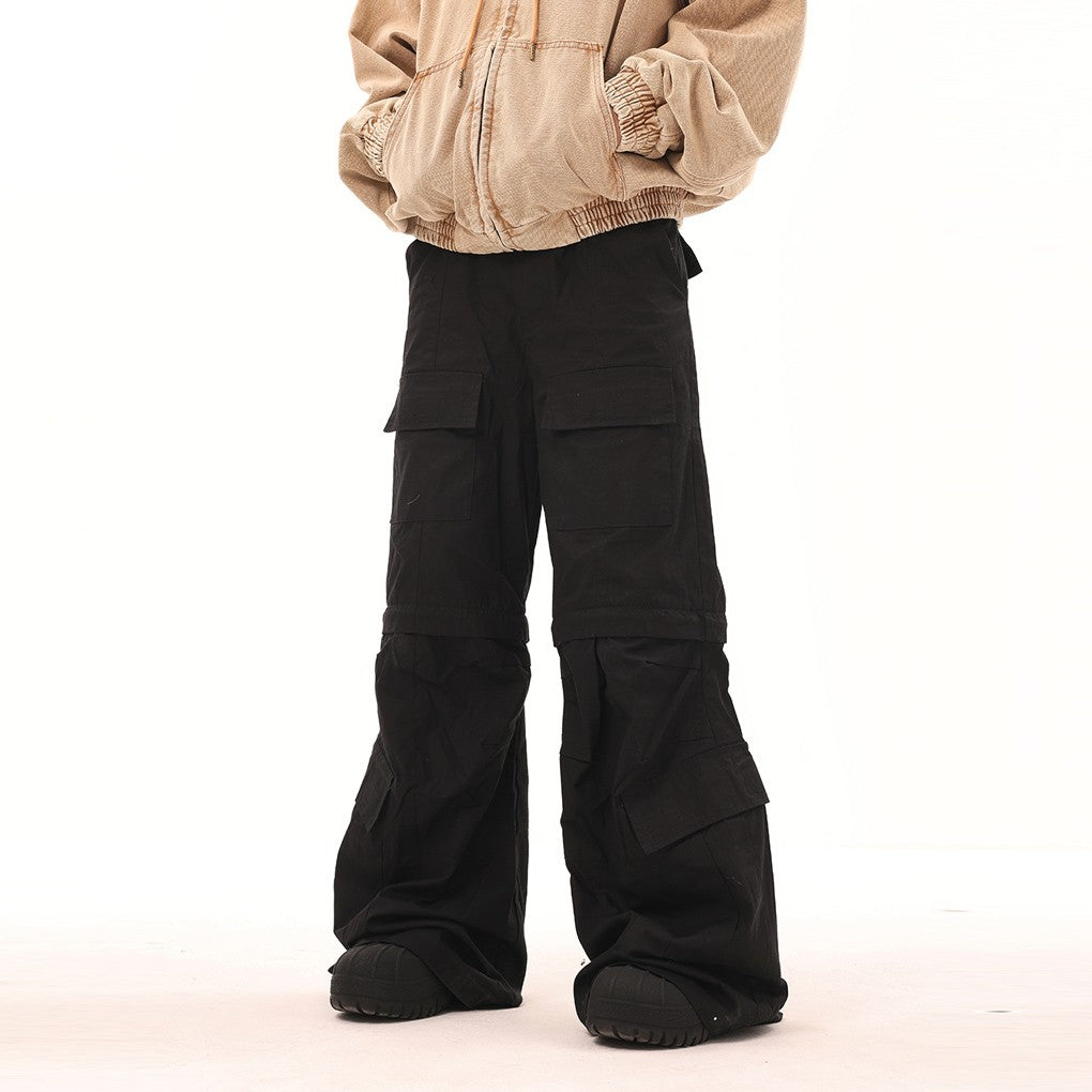 BTSG American retro multi-pocket zipper detachable flared overalls functional structure wide-leg mopping casual pants