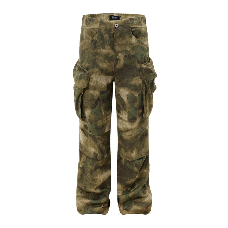 BTSG American retro smudged pleated design baggy camouflage overalls casual multi-pocket shell trousers