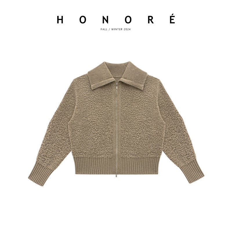 HONORE Guyue quality aesthetic 100% sheep wool circle urban leisure loose sweatshirt three-piece set