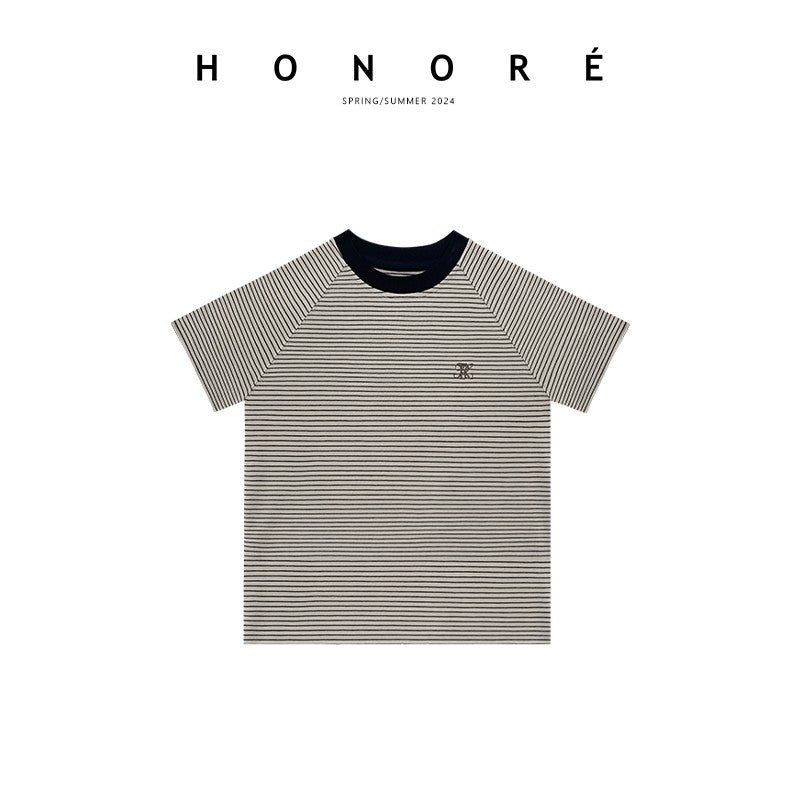 HONORE Gu Yue Light Oxygen Mood Tencel Fashion Slim Fit Top Color Block Round Neck Striped Small Flying Sleeve T