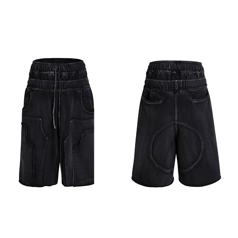 DND4DES original design deconstructed washed black and gray distressed edged 340g pure cotton shorts loose sweatpants