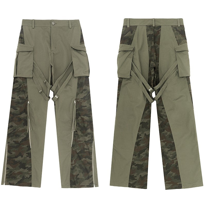 DND4DES original design deconstructed washed distressed straps loose straight army green camouflage pants overalls