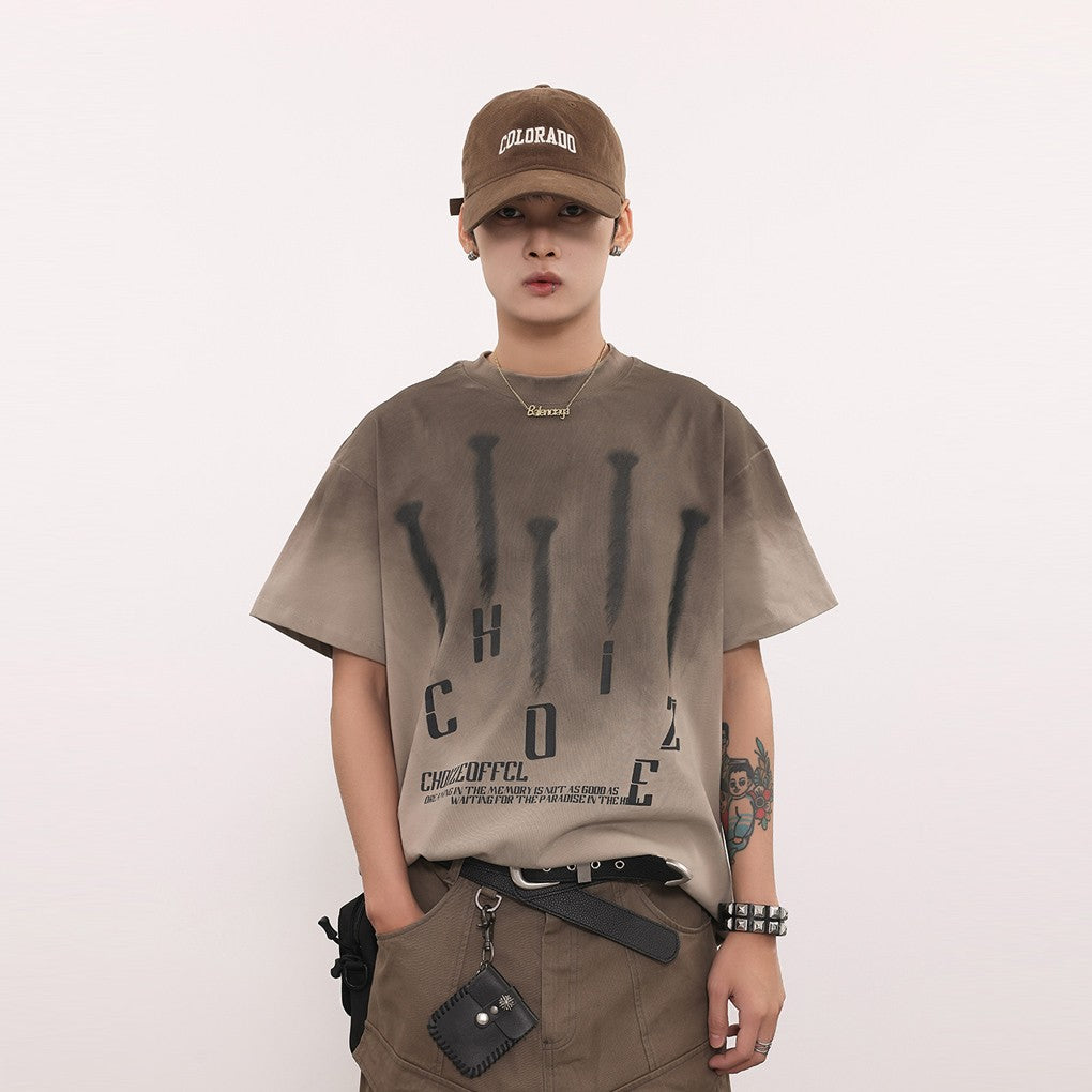 BTSG* American retro washed old gradient letter print short-sleeved T-shirt niche handsome hip-hop loose half-sleeve