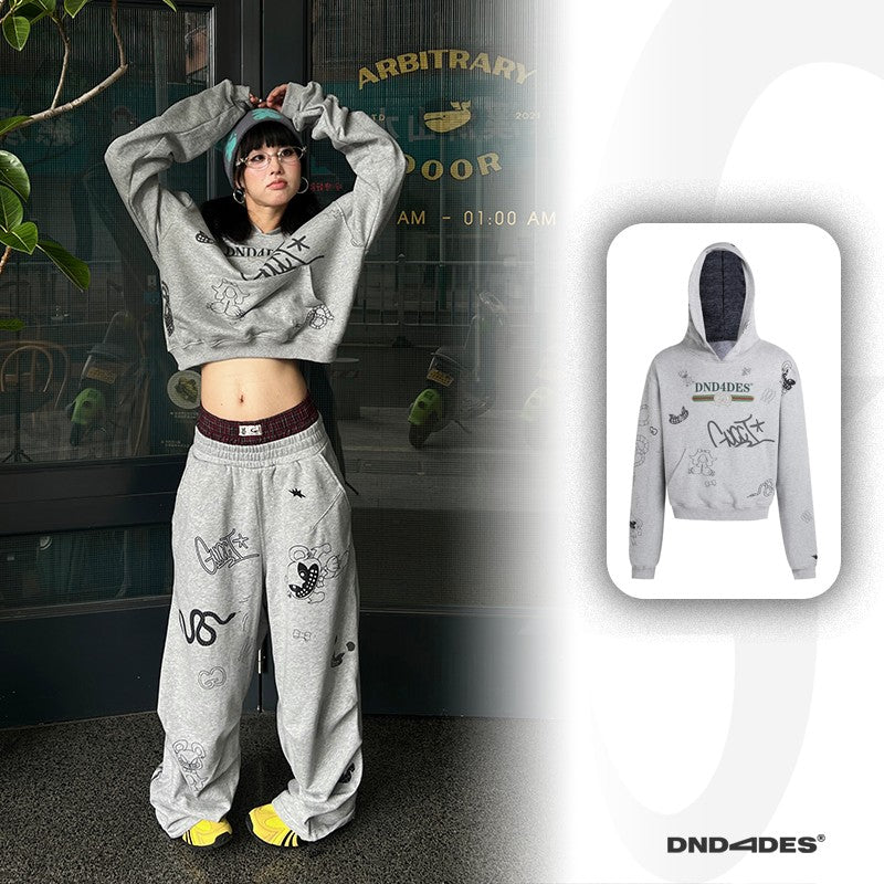 DND4DES Wang Yiheng same style graffiti print American sweatshirt men's design casual sweatpants gray suit