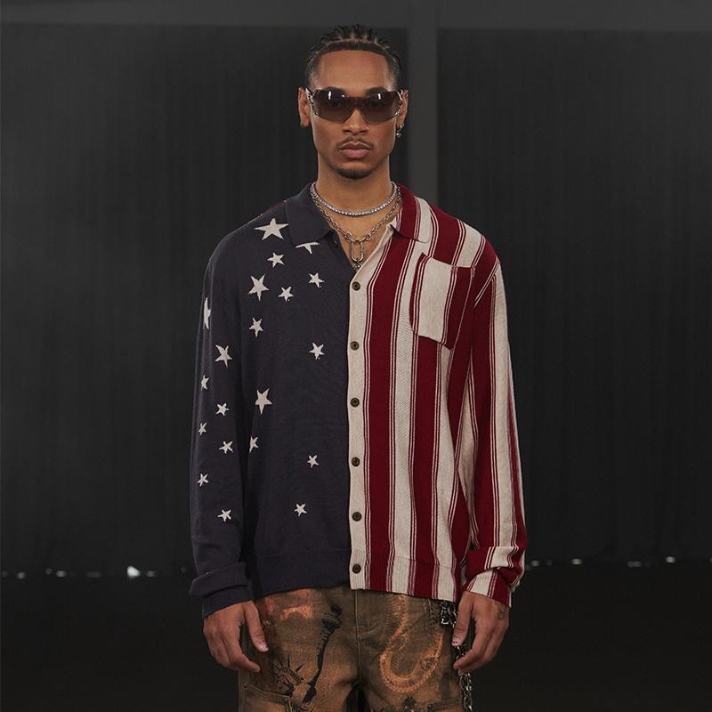 DND4DES American retro flag star print striped sweater short wide long sleeve polo shirt original design