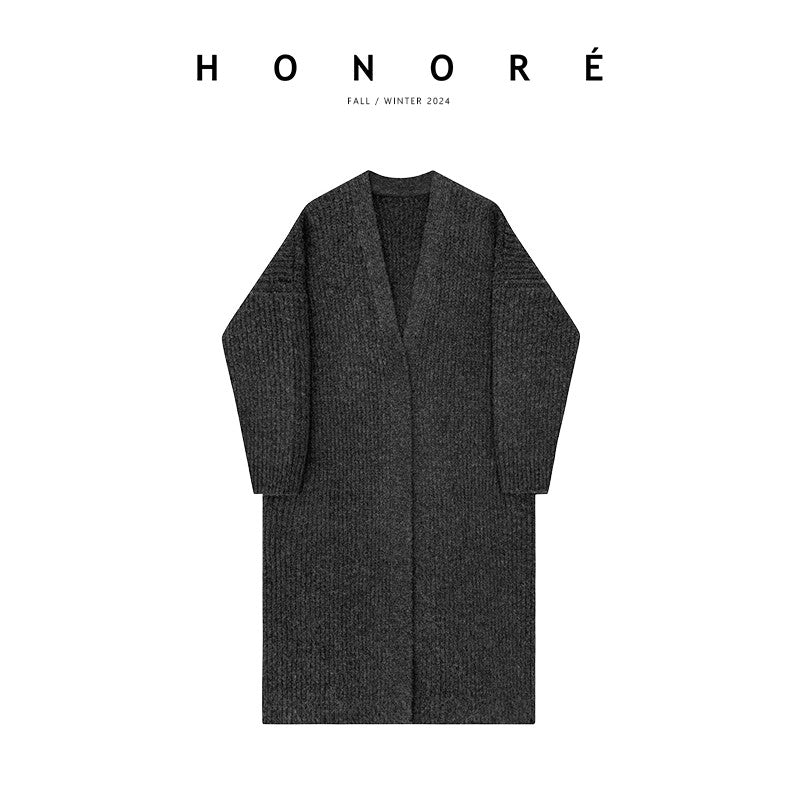 HONORE Gu Yue Relaxed Lazy Row Style Wool Chunky Knitted Long and Short Loose Cardigan All-match Large Coat