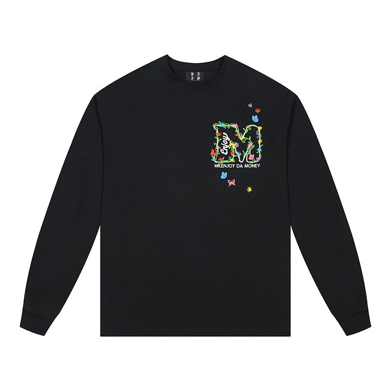 MEDM24FW scattered small flowers embroidered long-sleeved T-shirt for men and women in autumn American high street round neck loose trend T-shirt