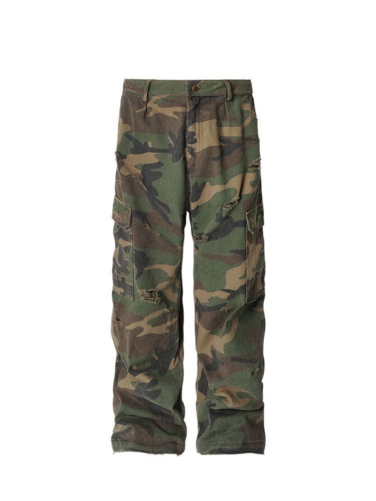 ANTIDOTE American camouflage pants loose hip-hop street washed casual trousers straight-leg ripped wide-leg overalls