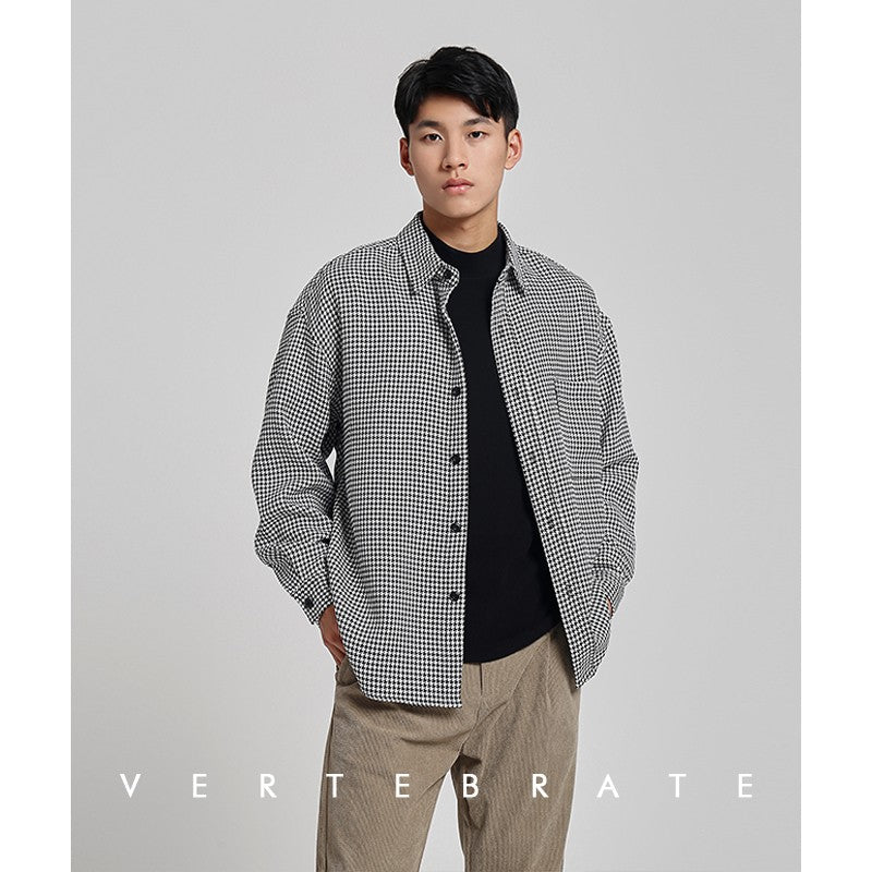 Vertebrate men's autumn and winter thickened fabric jacket shirt houndstooth black and white khaki loose outerwear