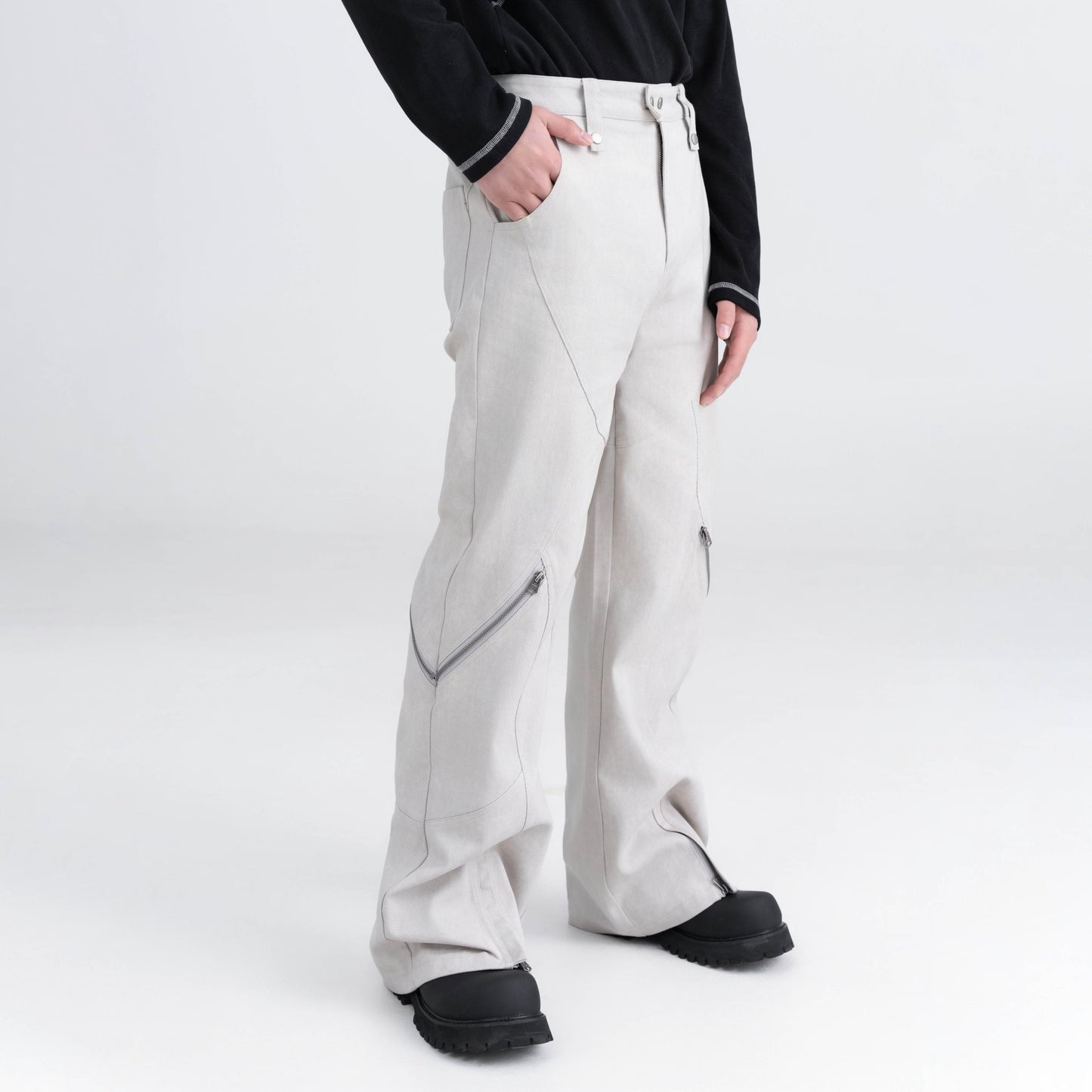 XEQUATION 24SS autumn deconstructed stitching gray and white washed detachable zipper flared wide-leg trousers