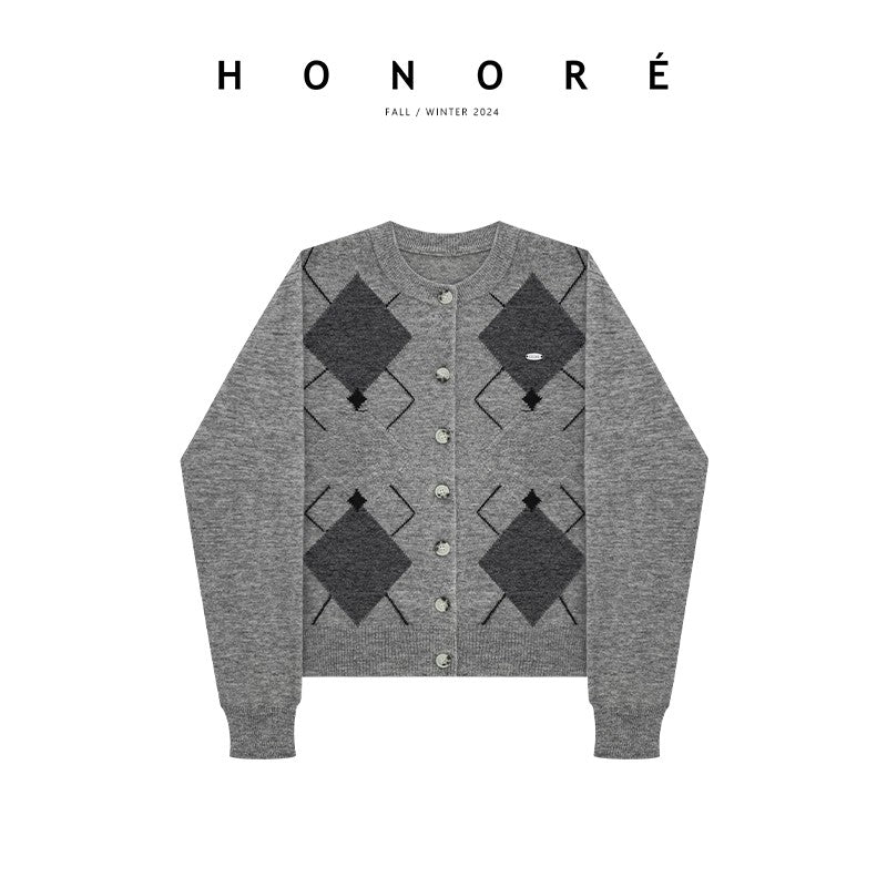 HONORE Gu Yue Coc*crush diamond pattern 100 sheep wool delicate texture retro pullover sweater cardigan