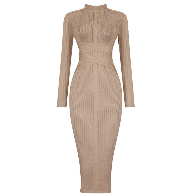 2024 new winter khaki long sleeve stand collar bandage dress feminine hip tight celebrity evening dress