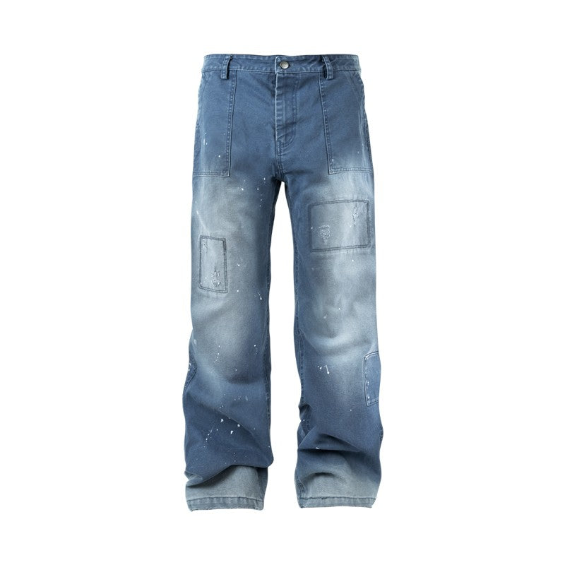 ANTIDOTE destroyed denim blue patch retro ink French work pants loose wide-leg monkey straight overalls men