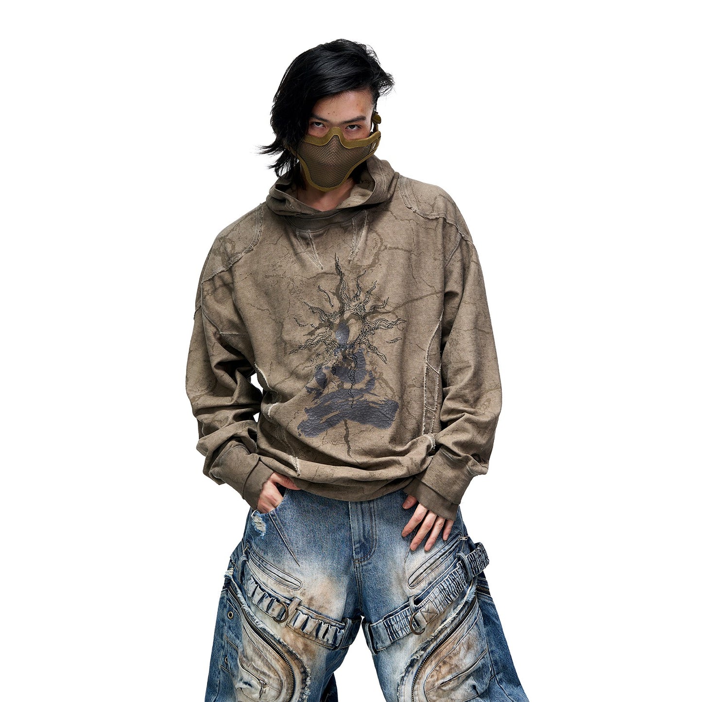 PERSONSOUL* Cracked and dried sun totem embroidery fried dyed hoodie Sun Totem Hoodie