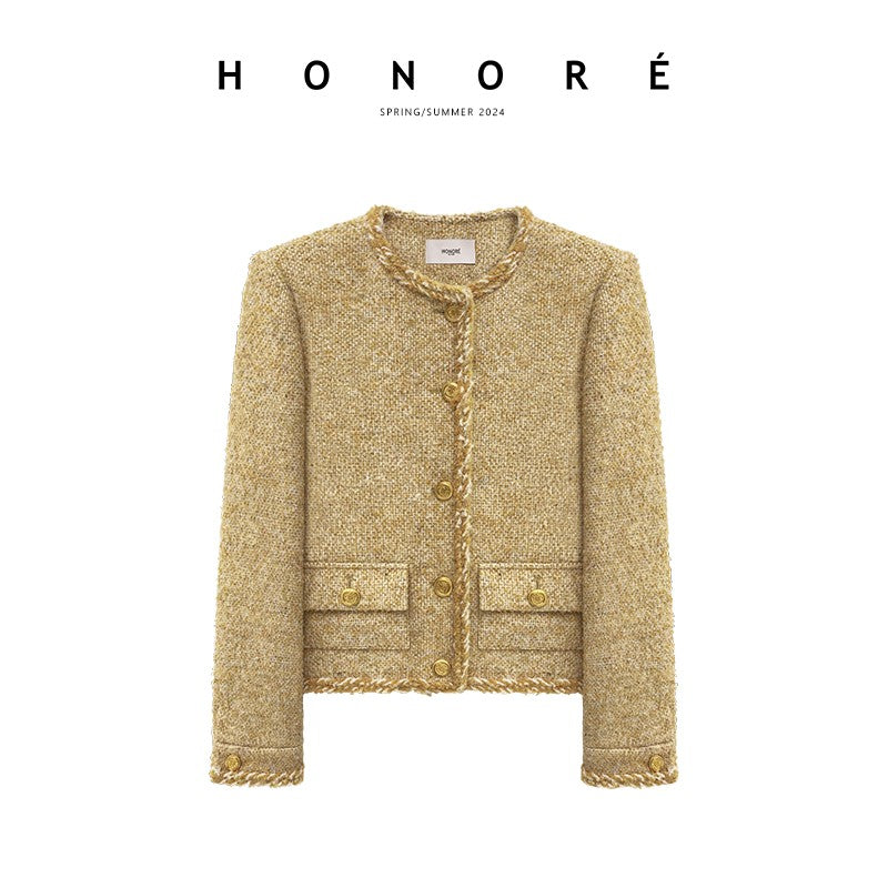 HONORE Gu Yue 24SS Spring High Luxury Solid Coin Button Heavy Weaving Textured Chanel Jacket