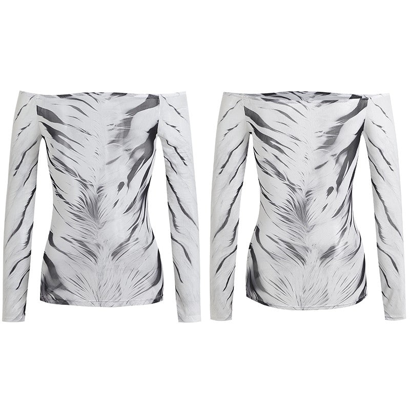 DND4DESxFayChui original design retro hot girl slim fit zebra pattern mesh one-shoulder neck long-sleeved top