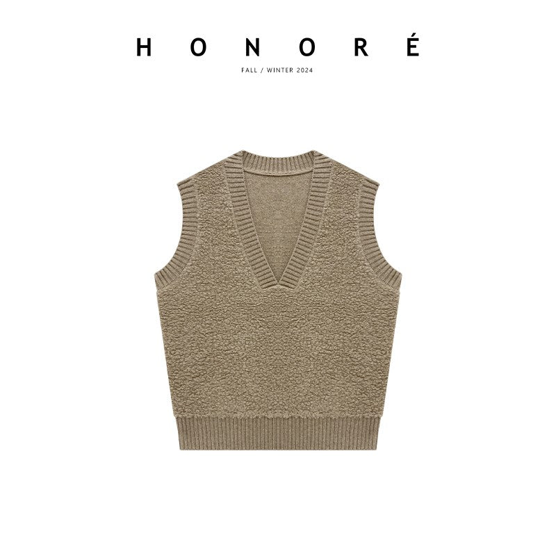 HONORE Guyue quality aesthetic 100% sheep wool circle urban leisure loose sweatshirt three-piece set